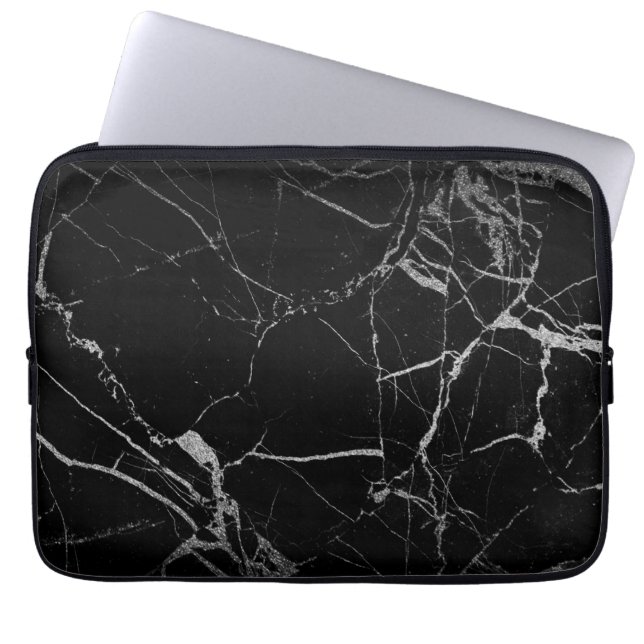 Black and Silver Vein Marble Laptop Sleeve (Front)