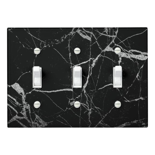 Black and Silver Vein Marble Light Switch Cover (In Situ)
