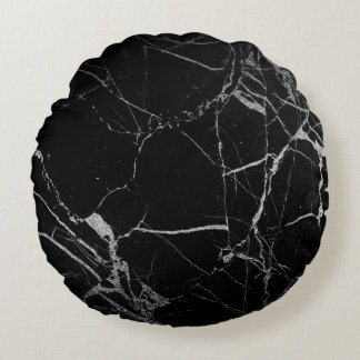 Black and Silver Vein Marble Round Pillow