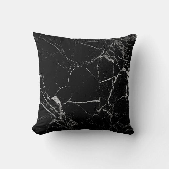 Black and Silver Vein Marble Throw Pillow (Front)