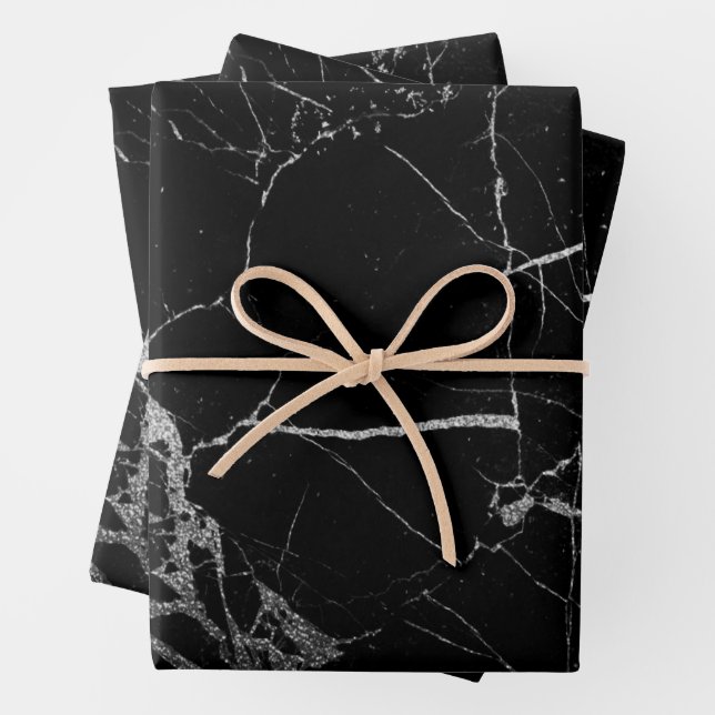 Black and Silver Vein Marble Wrapping Paper Sheets (In situ)