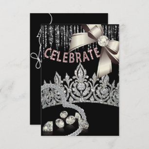 Black and Silver with crown diamonds pink party Invitation