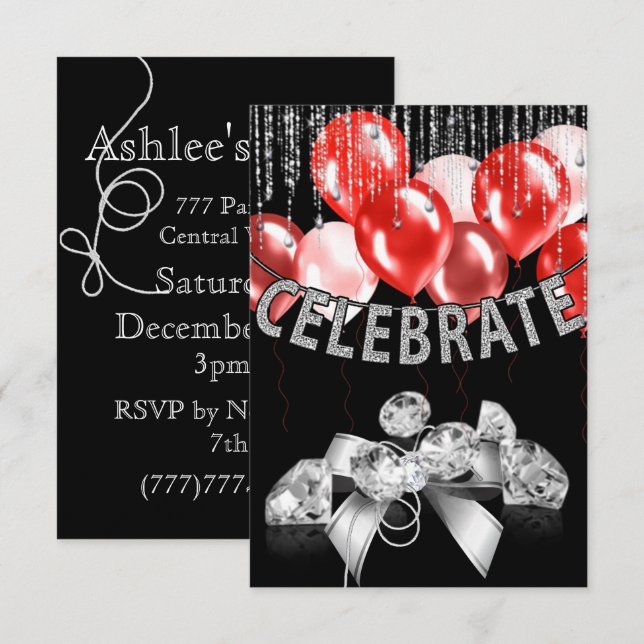 Black and Silver with red Balloons girl Party Invitation (Front/Back)