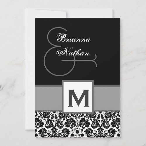 Black and Silvery Gray Monogram Damask Template Invites