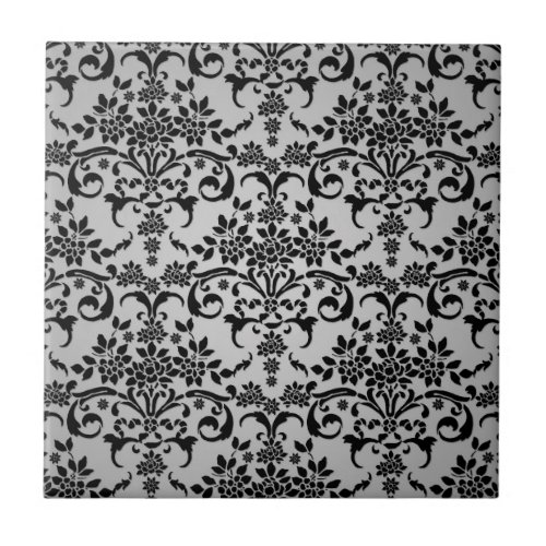 Black and Silvery White Floral Damask Pattern Ceramic Tile