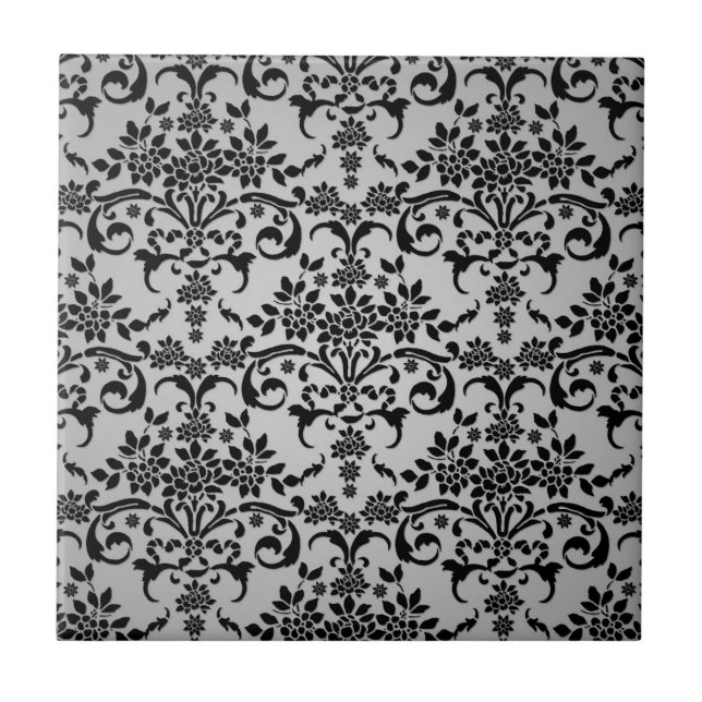 Black and Silvery White Floral Damask Pattern Ceramic Tile (Front)
