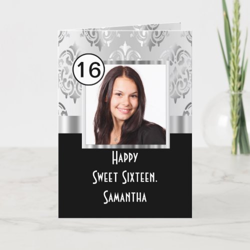 Black and siver damask sweet sixteen card