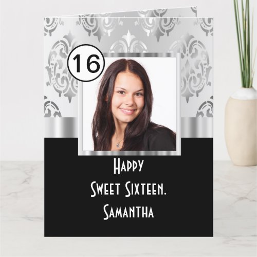 Black and siver damask sweet sixteen thank you card