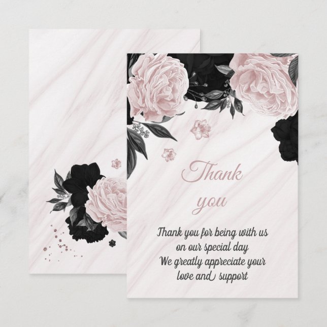 black and soft pink botanical marble thank you card (Front/Back)