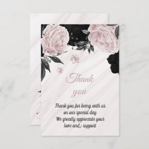 black and soft pink botanical marble thank you card