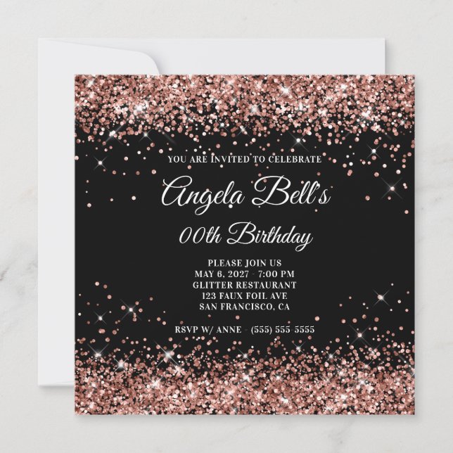 Black and Sparkly Rose Gold Glitter Birthday Invitation (Front)