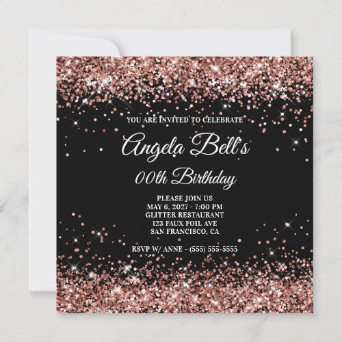 Black and Sparkly Rose Gold Glitter Birthday Invitation