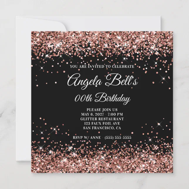 Black and Sparkly Rose Gold Glitter Birthday Invitation | Zazzle