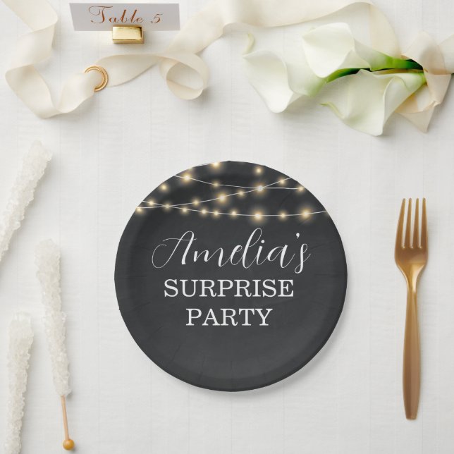 Black and String Light Surprise Birthday Paper Plates (Wedding)