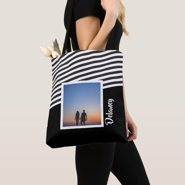 Black and Striped Pattern Personalized Photo Tote Bag (Close Up)