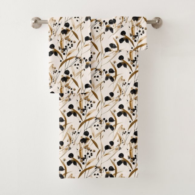 Black and Tan Abstract Leaf Design Bath Towel Set (Insitu)