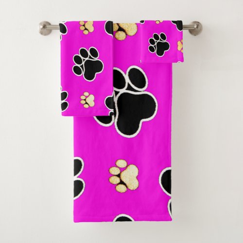 Black and tan canine dog paw print pink bath towel set