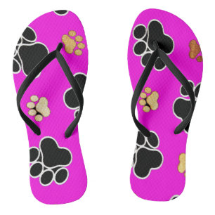 Black and tan canine dog paw print pink flip flops