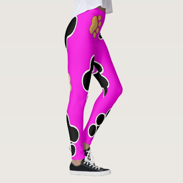 Black and tan canine dog paw print pink leggings (Right)