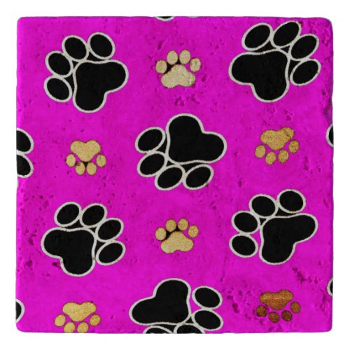 Black and tan canine dog paw print pink trivet