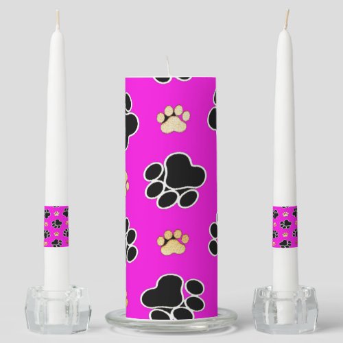 Black and tan canine dog paw print pink unity candle set