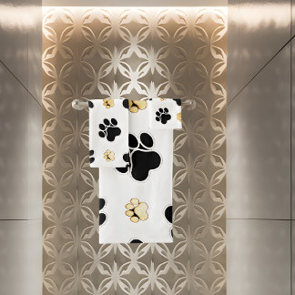 Black and tan canine dog paw print white bath towel set