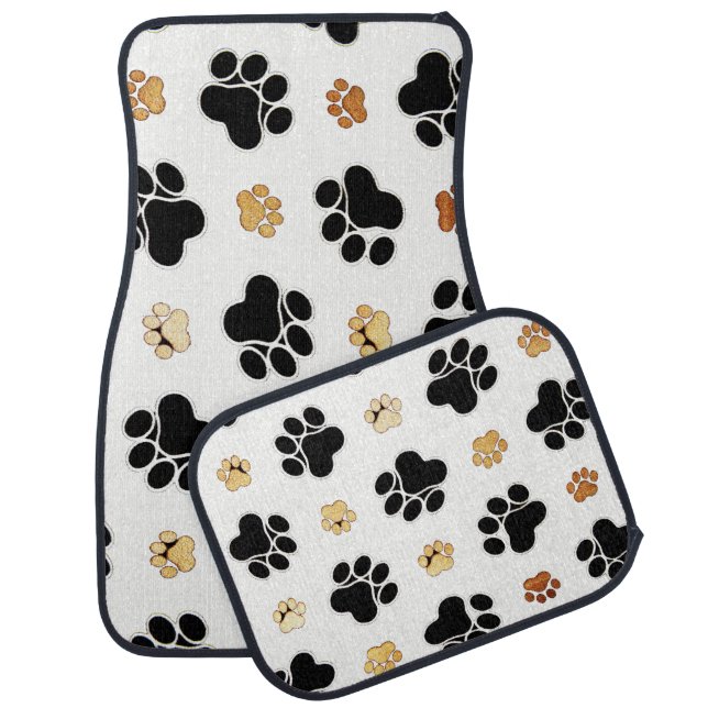Black and tan canine dog paw print white car floor mat (Set)