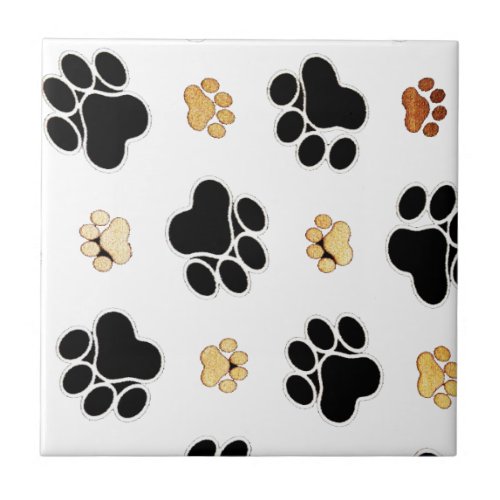 Black and tan canine dog paw print white ceramic tile