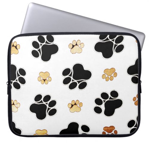 Black and tan canine dog paw print white laptop sleeve