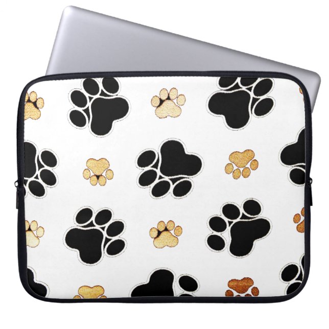 Black and tan canine dog paw print white laptop sleeve (Front)