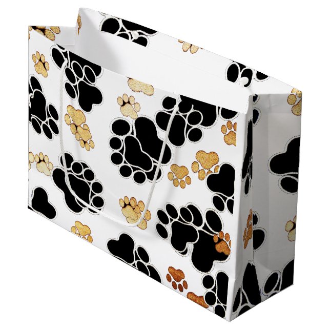 Black and tan canine dog paw print white large gift bag (Front Angled)