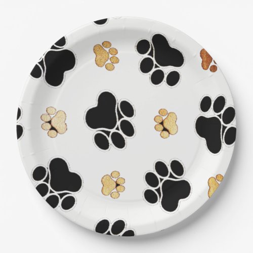 Black and tan canine dog paw print white paper plates