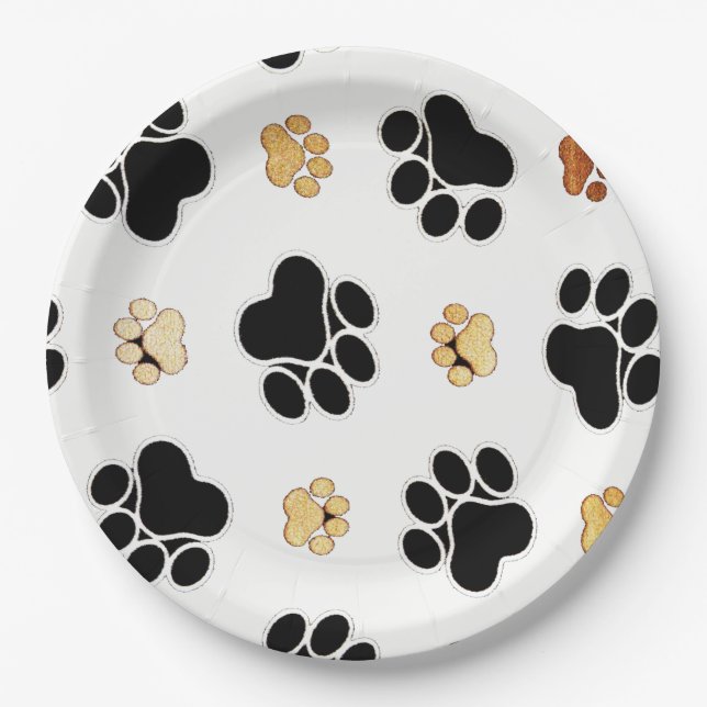 Black and tan canine dog paw print white paper plates (Front)