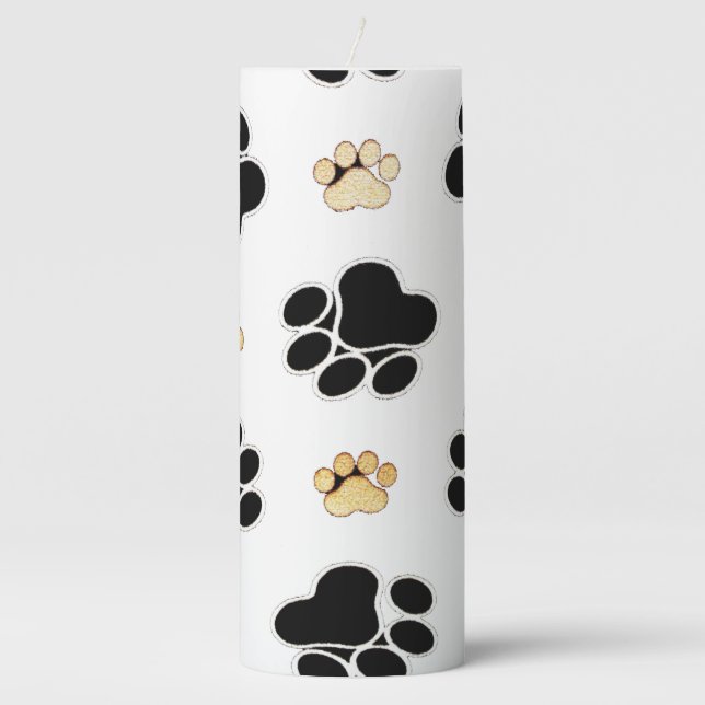 Black and tan canine dog paw print white pillar candle (Front)