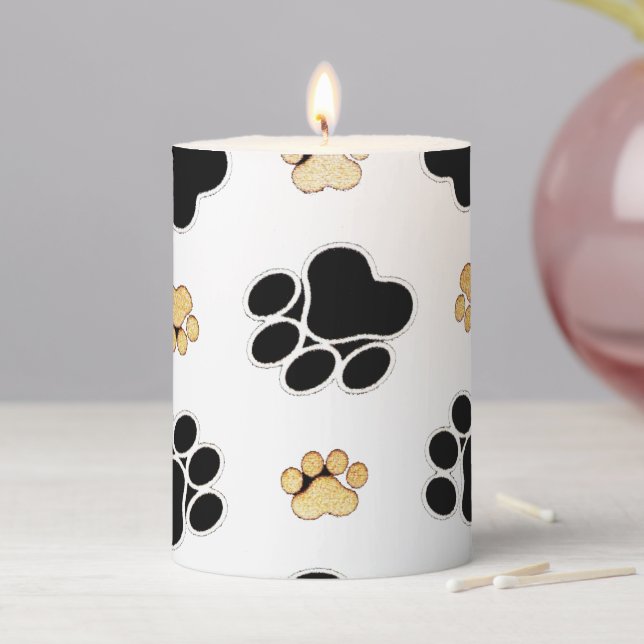 Black and tan canine dog paw print white pillar candle (In Situ)