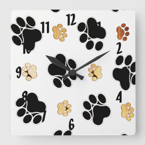 Black and tan canine dog paw print white square wall clock