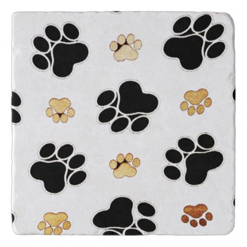 Black and tan canine dog paw print white trivet