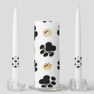 Black and tan canine dog paw print white unity candle set