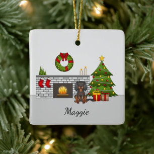 Black And Tan Cavalier In A Christmas Room & Name Ceramic Ornament