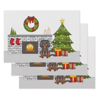Black And Tan Cavalier In A Festive Christmas Room Wrapping Paper Sheets