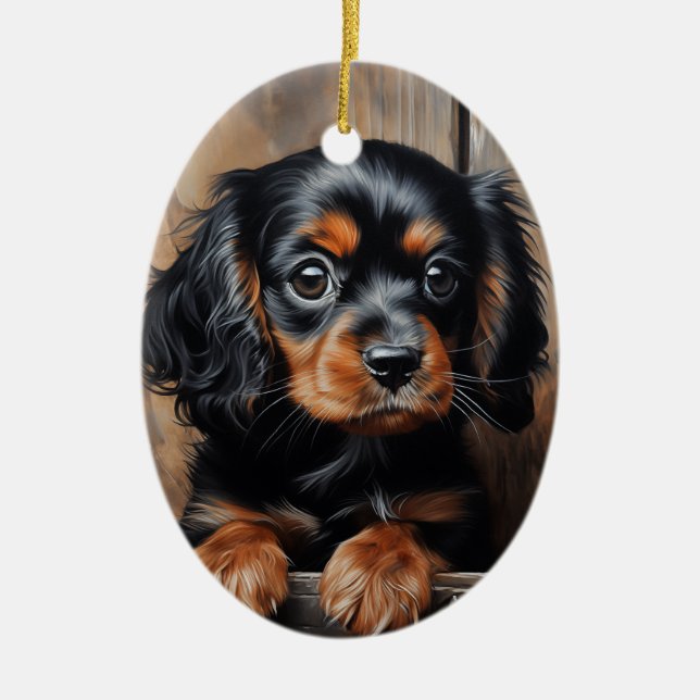 Black and tan Cavalier puppy Ceramic Ornament (Front)