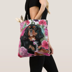 Black and tan Cavalier tote bag pink floral