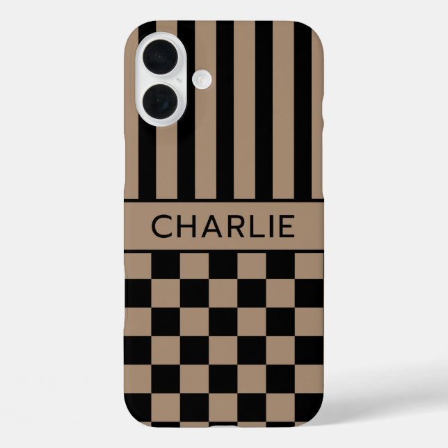 Black and Tan Checkered Striped Personalized Case-Mate iPhone Case (Back)
