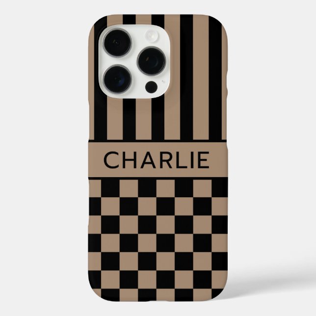 Black and Tan Checkered Striped Personalized Case-Mate iPhone Case (Back)
