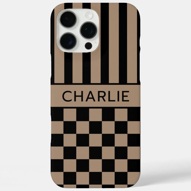 Black and Tan Checkered Striped Personalized Case-Mate iPhone Case (Back)