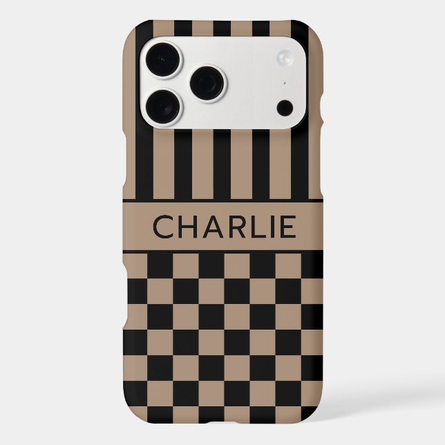 Black and Tan Checkered Striped Personalized Case-Mate iPhone Case (Back)