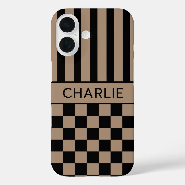 Black and Tan Checkered Striped Personalized Case-Mate iPhone Case (Back)