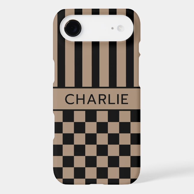 Black and Tan Checkered Striped Personalized Case-Mate iPhone Case (Back)