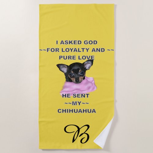 Black and Tan Chihuahua Puppy Monogrammed Beach Towel