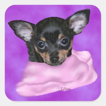 Black And Tan Chihuahua Puppy Square Sticker by PaintedDreamsDesigns at Zazzle